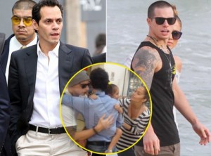 Composición fotográfica en la que aparecen el ex y la actual pareja de Jennifer López. En el círculo, los dos hombres se abrazan en señal de que son amigos. 